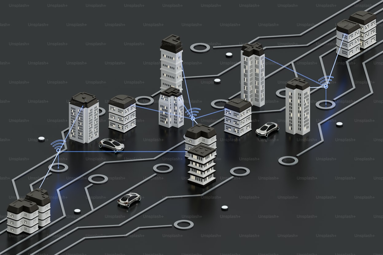Isometric smart city model on circuit board